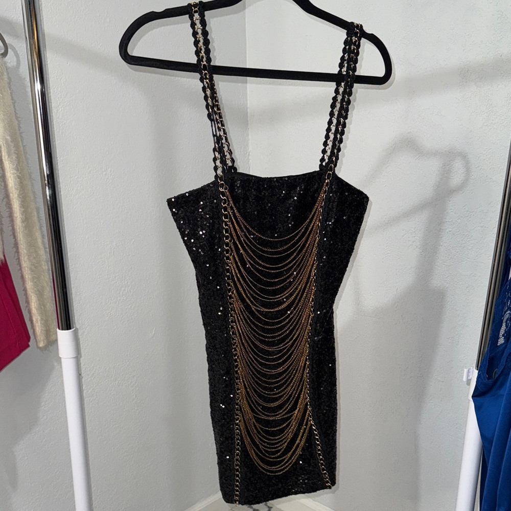 Finesse Black Sequin Mini Dress with Gold Chain